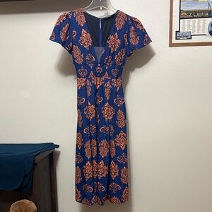 EShakti Women’s Blue and Orange Floral Pattern Midi Dress, New, Sz 0 custom 🌷